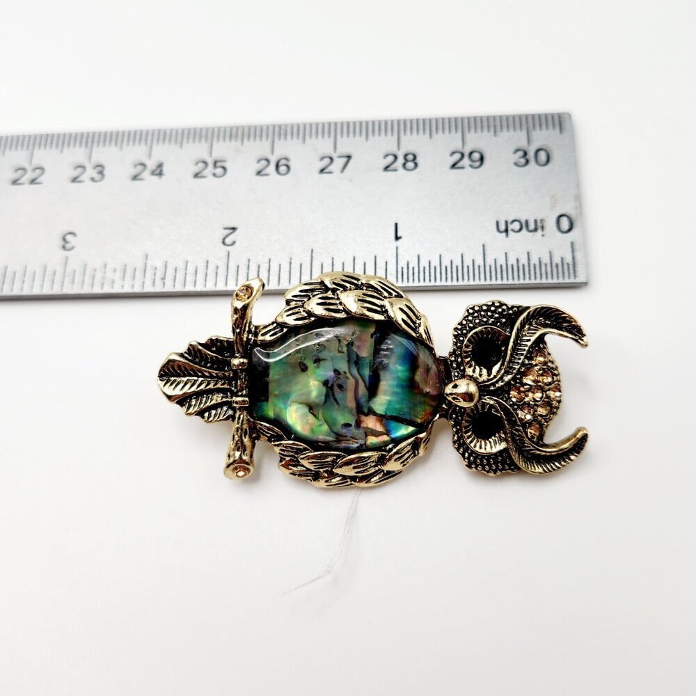 Owl Bird Lover Aged Gold Tone Abalone Cabochon Belly Large Brooch - Picture 3 of 3